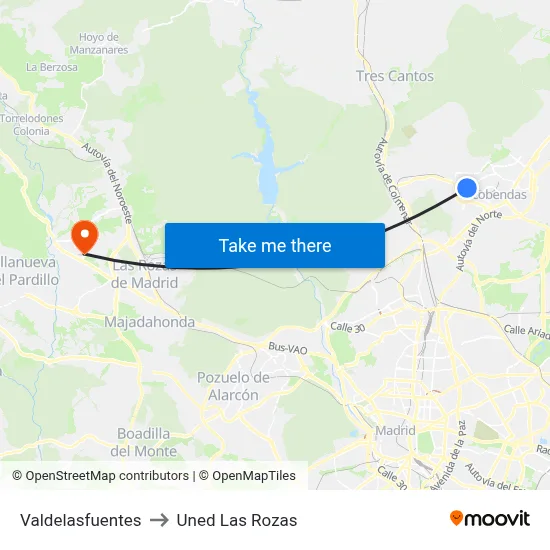 Valdelasfuentes to Uned Las Rozas map