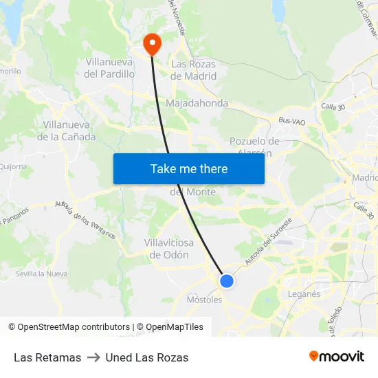 Las Retamas to Uned Las Rozas map