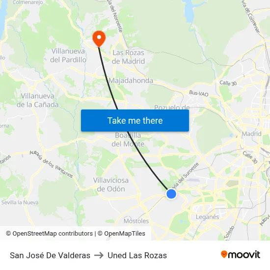 San José De Valderas to Uned Las Rozas map