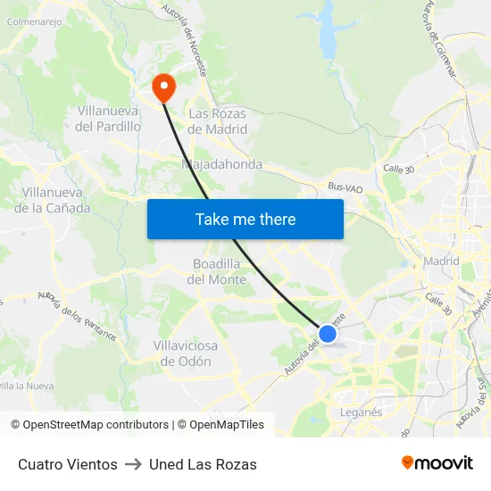 Cuatro Vientos to Uned Las Rozas map