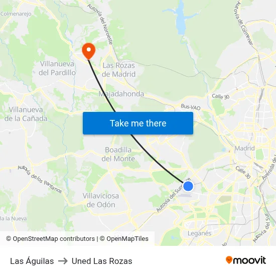 Las Águilas to Uned Las Rozas map
