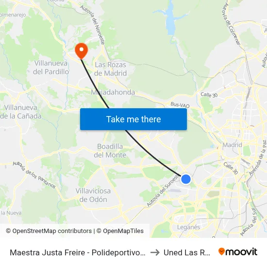 Maestra Justa Freire - Polideportivo Aluche to Uned Las Rozas map