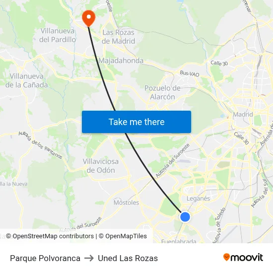 Parque Polvoranca to Uned Las Rozas map