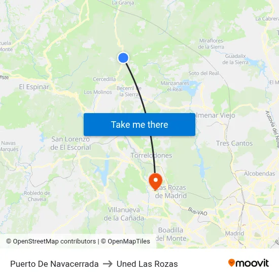 Puerto De Navacerrada to Uned Las Rozas map