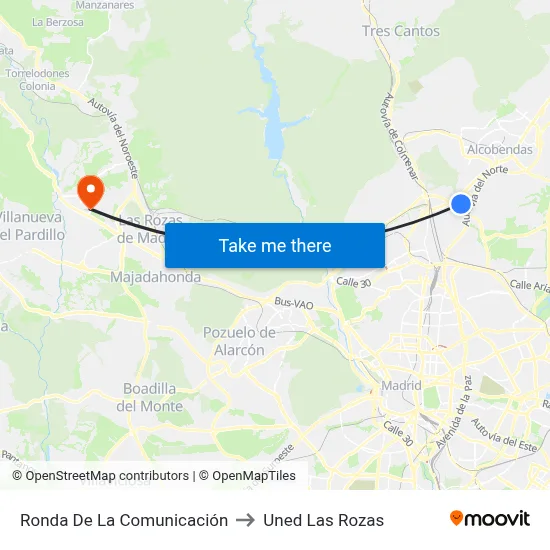 Ronda De La Comunicación to Uned Las Rozas map