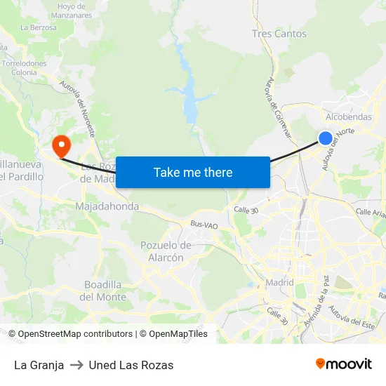 La Granja to Uned Las Rozas map