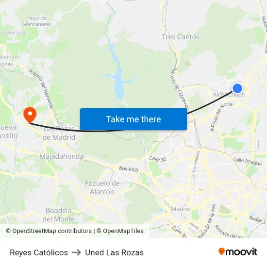 Reyes Católicos to Uned Las Rozas map