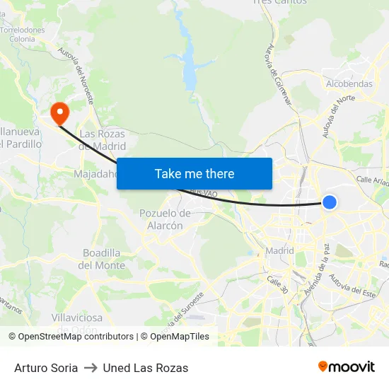 Arturo Soria to Uned Las Rozas map