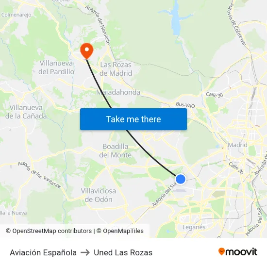 Aviación Española to Uned Las Rozas map