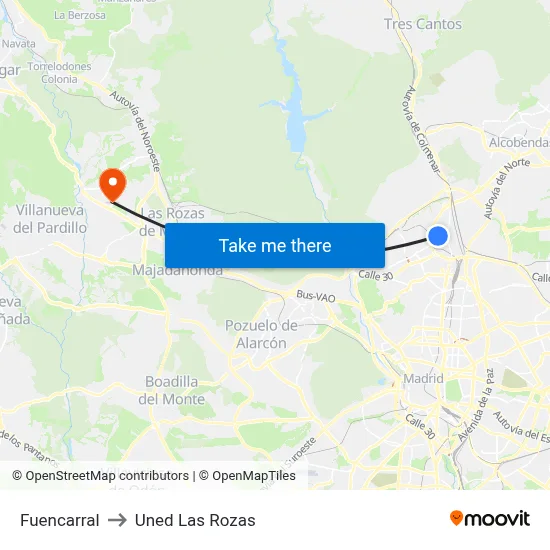 Fuencarral to Uned Las Rozas map
