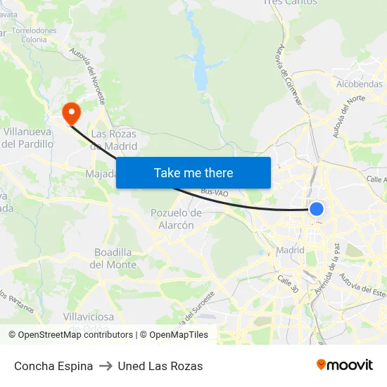 Concha Espina to Uned Las Rozas map