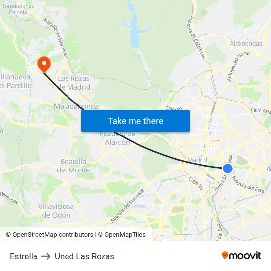Estrella to Uned Las Rozas map