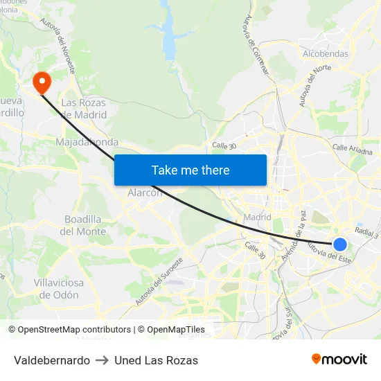 Valdebernardo to Uned Las Rozas map