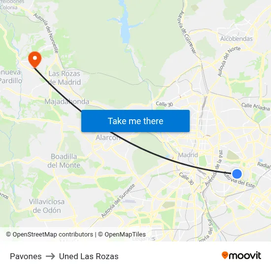 Pavones to Uned Las Rozas map