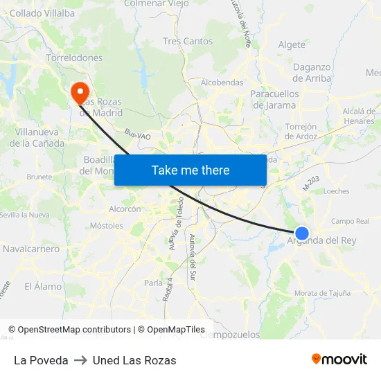 La Poveda to Uned Las Rozas map