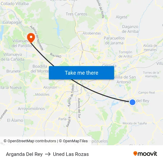 Arganda Del Rey to Uned Las Rozas map