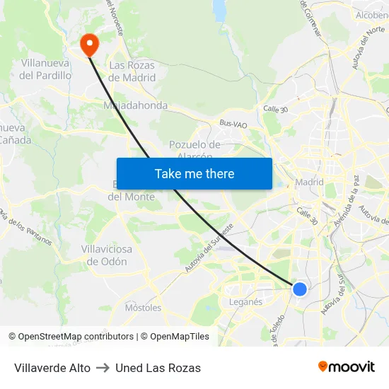 Villaverde Alto to Uned Las Rozas map