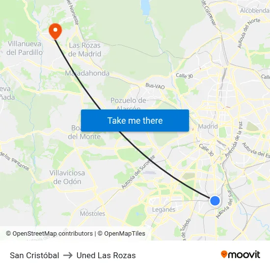 San Cristóbal to Uned Las Rozas map