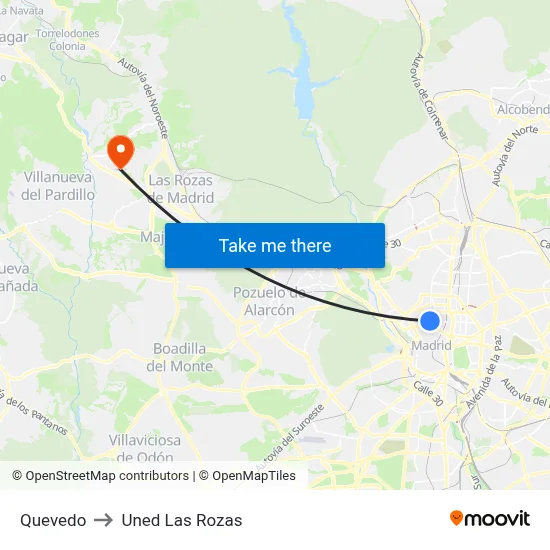 Quevedo to Uned Las Rozas map