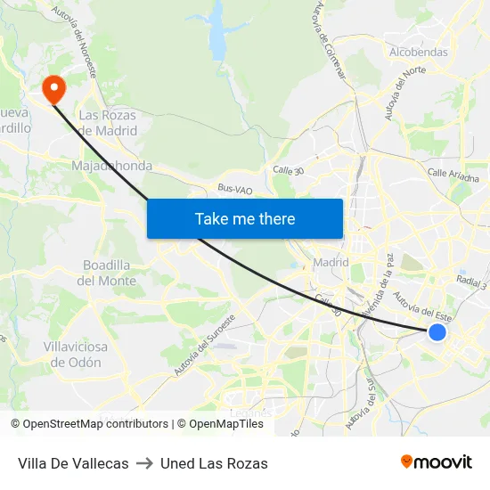 Villa De Vallecas to Uned Las Rozas map