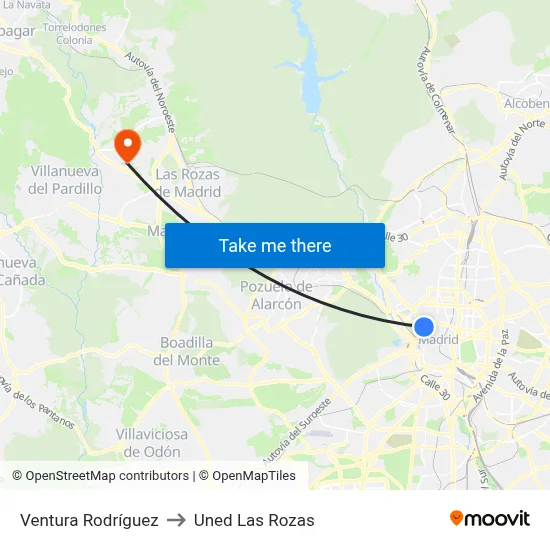 Ventura Rodríguez to Uned Las Rozas map