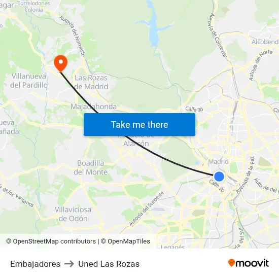 Embajadores to Uned Las Rozas map