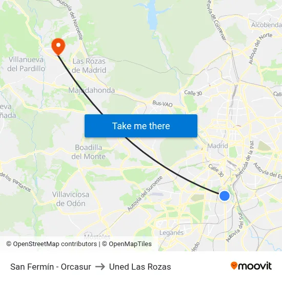 San Fermín - Orcasur to Uned Las Rozas map