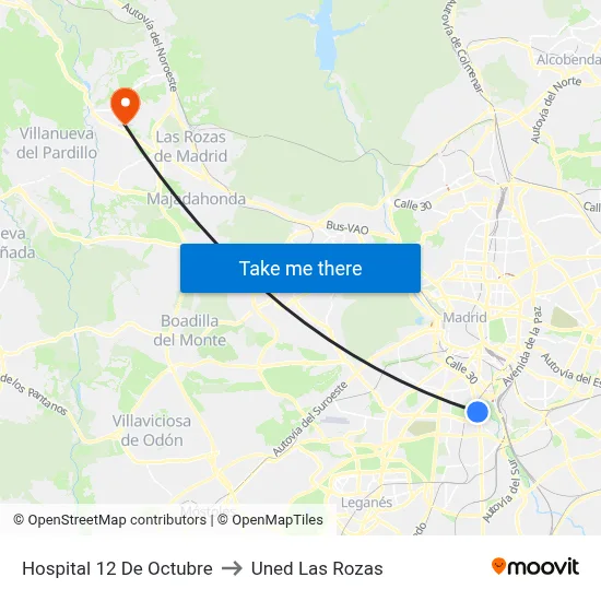 Hospital 12 De Octubre to Uned Las Rozas map