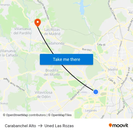Carabanchel Alto to Uned Las Rozas map