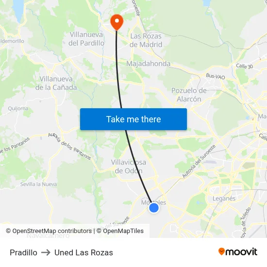 Pradillo to Uned Las Rozas map
