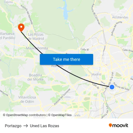 Portazgo to Uned Las Rozas map