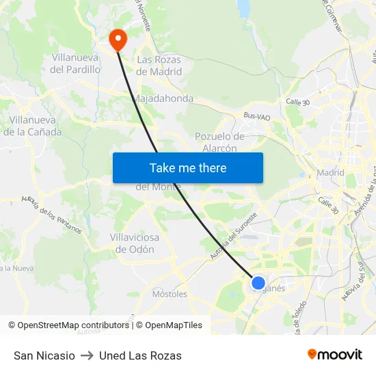 San Nicasio to Uned Las Rozas map
