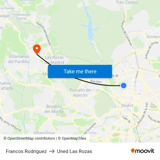 Francos Rodríguez to Uned Las Rozas map