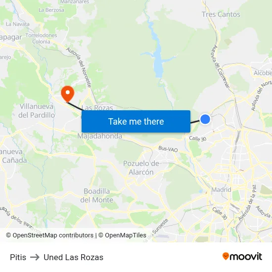 Pitis to Uned Las Rozas map
