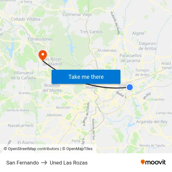 San Fernando to Uned Las Rozas map