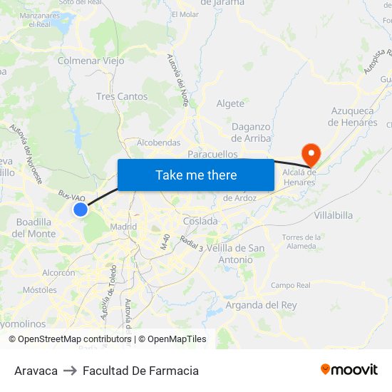 Aravaca to Facultad De Farmacia map