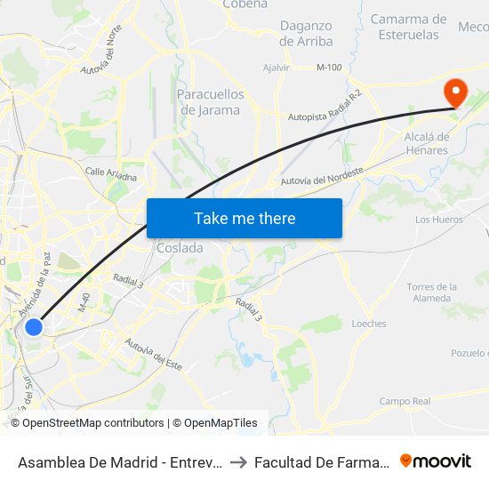 Asamblea De Madrid - Entrevías to Facultad De Farmacia map