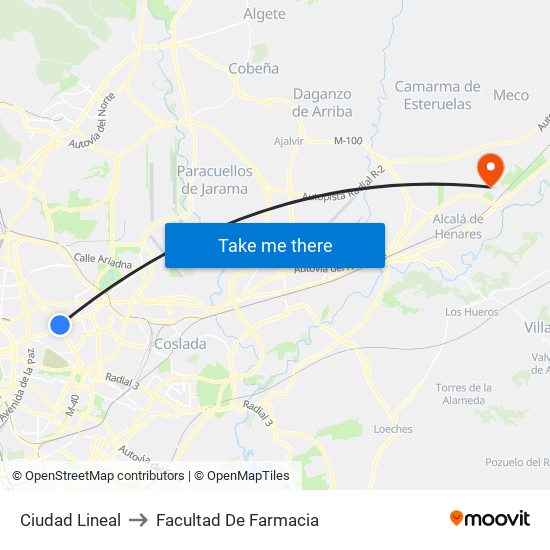 Ciudad Lineal to Facultad De Farmacia map