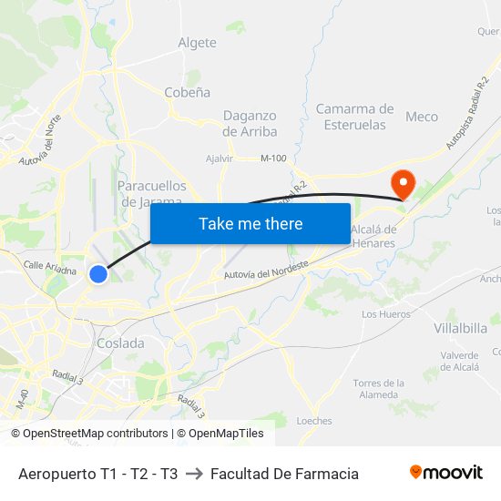 Aeropuerto T1 - T2 - T3 to Facultad De Farmacia map