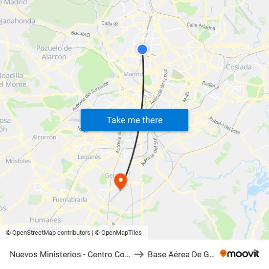 Nuevos Ministerios - Centro Comercial to Base Aérea De Getafe map