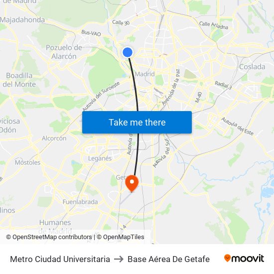 Metro Ciudad Universitaria to Base Aérea De Getafe map