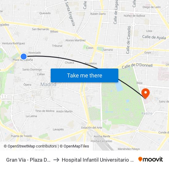 Gran Vía - Plaza De España to Hospital Infantil Universitario Del Niño Jesús map