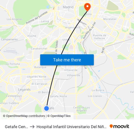 Getafe Central to Hospital Infantil Universitario Del Niño Jesús map