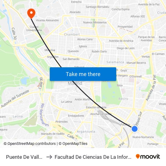 Puente De Vallecas to Facultad De Ciencias De La Información map