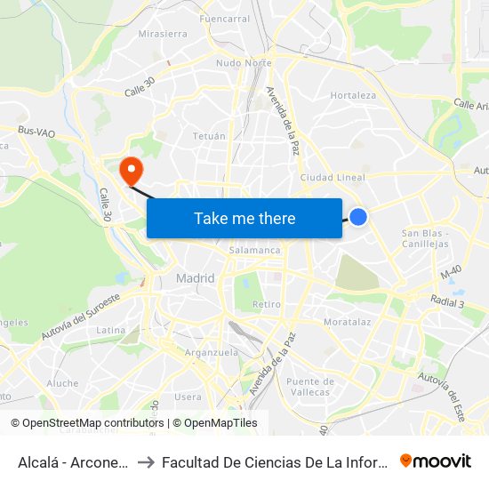 Alcalá - Arcones Gil to Facultad De Ciencias De La Información map