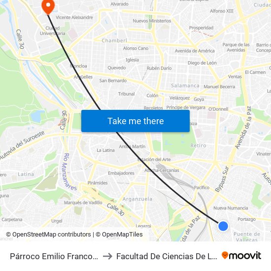 Párroco Emilio Franco - Palomeras to Facultad De Ciencias De La Información map