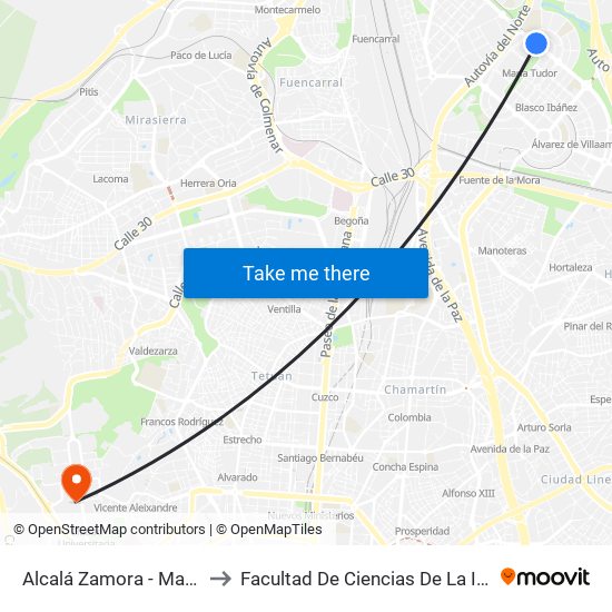 Alcalá Zamora - María Tudor to Facultad De Ciencias De La Información map