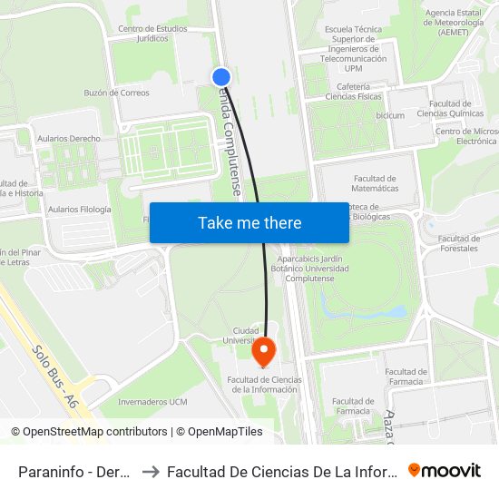 Paraninfo - Derecho to Facultad De Ciencias De La Información map