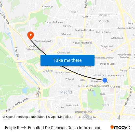Felipe II to Facultad De Ciencias De La Información map