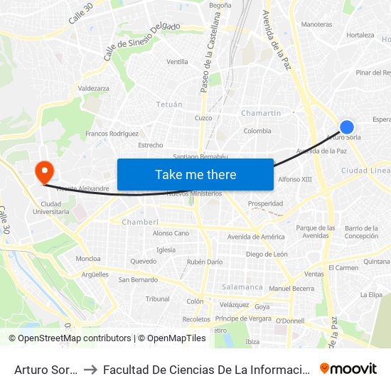 Arturo Soria to Facultad De Ciencias De La Información map